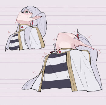 1girl blonde_hair blush breasts chinese_commentary closed_mouth commentary_request earrings elf frieren green_eyes highres jewelry long_hair looking_up medium_breasts meme multiple_views pointy_ears shirt sousou_no_frieren striped_clothes striped_shirt twintails twitching upward_angle_frieren_drawing_(meme) yun_cao_bing