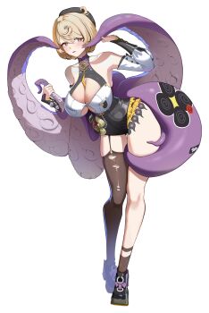 1girl absurdres asymmetrical_legwear bare_shoulders black_hair black_hat black_shoes black_shorts black_socks black_thighhighs blonde_hair breasts commentary cowlick detached_sleeves frilled_shorts frills full_body garter_straps gluteal_fold hat higasino3ldk high-waist_shorts highres large_breasts leaning_to_the_side looking_at_viewer micro_shorts mole mole_under_mouth multicolored_hair parted_lips purple_eyes shirt shoes short_hair shorts simple_background single_garter_strap single_sock single_thighhigh socks solo standing streaked_hair tentacles thighhighs torn_clothes torn_thighhighs uneven_legwear white_background white_shirt white_sleeves yidhari_murphy zenless_zone_zero