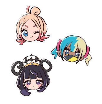 3girls ;) aqua_hair black_hair blonde_hair blue_eyes blush bob_cut canari_(pokemon) closed_mouth commentary_request dark-skinned_female dark_skin eyelashes gradient_hair gwynn_(pokemon) hat head_only highres kino_haruc looking_at_viewer mask mouth_mask multicolored_hair multiple_girls nintendo one_eye_closed pokemon pokemon_legends:_z-a purple_eyes purple_hair short_hair smile split-color_hair taunie_(pokemon) twintails two-tone_hair white_background