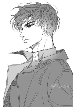 1boy belt black_coat black_eyes black_hair black_shirt coat crew_neck from_side greyscale hair_flowing_over looking_at_viewer maga_mok23 male_focus monochrome omniscient_reader&#039;s_viewpoint open_clothes open_coat parted_lips popped_collar serious shirt short_hair solo upper_body yoo_joonghyuk