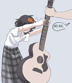 1boy 1girl artist_self-insert black_hair sophie_(popopoka) english_text grey_background grey_skirt guitar holding holding_instrument instrument leaf leaf_on_head original plaid_clothes plaid_skirt popopoka popopoka_(character) shirt_tucked_in short_hair short_sleeves simple_background skirt speech_bubble theft trembling wavy_mouth