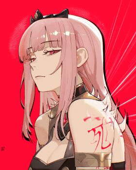 1girl armlet black_dress black_tiara breasts cleavage dress highres hololive hololive_english jewelry large_breasts long_hair mori_calliope mori_calliope_(1st_costume) ninochuu pink_background pink_eyes pink_hair solo tiara translation_request virtual_youtuber
