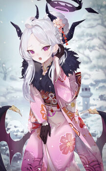 1girl adjusting_hair alternate_costume black_gloves blue_archive blush commentary_request demon_girl demon_horns demon_wings flower fur-trimmed_kimono fur_trim gloves hair_behind_ear hair_bun hair_flower hair_ornament halo highres hina_(blue_archive) horns japanese_clothes keji133 kimono looking_at_viewer open_mouth pink_flower pink_kimono purple_hair purple_halo sidelocks solo white_hair wings