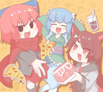 ._. 3girls animal_ears bell_pepper blush bow breasts brown_hair cape cheese cleavage cloak commentary disembodied_head drill_hair drill_sidelocks fins floating_head food frilled_kimono frills fruit grass_root_youkai_network green_kimono hair_bow head_fins headless holding holding_food holding_pizza imaizumi_kagerou japanese_clothes kimono kneeless_mermaid long_hair mermaid mermaid_out_of_environment mob_face monster_girl multiple_girls mushroom obi open_mouth pineapple pizza pizza_box pizza_cutter pizza_slice red_cape red_cloak red_eyes red_hair ribbon-trimmed_bow ribbon_trim sash sausage sekibanki short_hair sidelocks star_(symbol) swiss_cheese tail thick_eyebrows tomato touhou wakasagihime wolf_ears wolf_girl zenerat