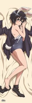 Rule 34 | 1girl, :o, animal ears, barefoot, black hair, black jacket, black socks, blush, brave witches, breasts, dakimakura (medium), full body, highres, jacket, large breasts, looking at viewer, lying, military, military uniform, official art, one-piece swimsuit, rabbit ears, rabbit girl, rabbit tail, red eyes, shimada fumikane, short hair, socks, solo, swimsuit, tail, world witches series