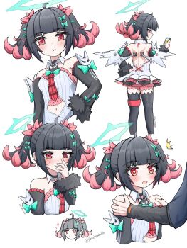 1boy 1girl ^^^ armpit_crease bare_shoulders black_hair black_sleeves black_thighhighs bow cellphone clothing_cutout colored_inner_hair commentary crying_emoji detached_sleeves emoji green_bow halo hands_on_another's_shoulders highres holding holding_phone looking_at_viewer multicolored_hair multiple_views nangong_yu navel_cutout open_mouth out_of_frame pandegalihhh phone pink_hair red_eyes scar scar_on_back simple_background smartphone smile sparkle thighhighs twintails twitter_username white_background white_wings wings wise_(zenless_zone_zero) zenless_zone_zero