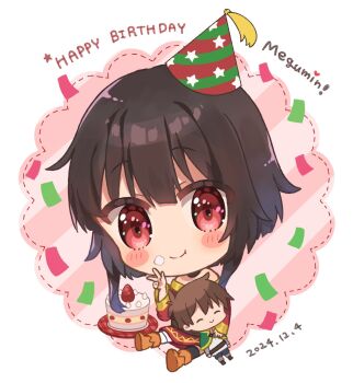 1girl 2024 :t asymmetrical_legwear bare_shoulders birthday birthday_cake black_hair blunt_bangs blush_stickers boots brown_boots brown_hair cake character_doll character_name chibi chibi_only closed_mouth commentary_request confetti cream dated doll dress eyes_visible_through_hair food food_on_face fruit full_body hair_between_eyes hand_up happy happy_birthday hat highres kono_subarashii_sekai_ni_shukufuku_wo! long_sleeves looking_at_viewer megumin mismatched_legwear party_hat pink_background red_dress red_eyes satou_kazuma short_dress short_hair short_hair_with_long_locks simple_background sitting smile solo split_mouth strawberry two-tone_background v white_background yuno_(suke_yuno)