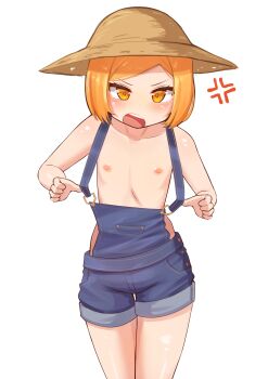 1girl absurdres anger_vein annoyed blonde_hair blush fate/grand_order fate_(series) female_focus flat_chest hat highres kurohi_drw legs loli looking_at_viewer medium_hair naked_overalls nipples overalls overalls_pull paul_bunyan_(fate) solo standing thighs white_background yellow_eyes