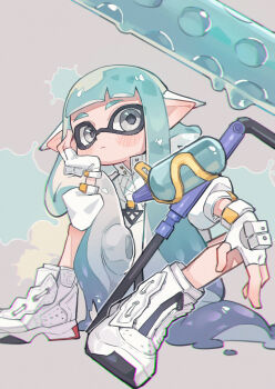 1boy absurdres blue_hair blunt_bangs blush_stickers boots closed_mouth commentary_request fingerless_gloves full_body gloves grey_background grey_eyes head_rest highres inkling inkling_boy inkling_player_character long_hair long_sleeves looking_at_viewer male_focus mochizuki_inochi nintendo pointy_ears shirt sitting solo splat_roller_(splatoon) splatoon_(series) tentacle_hair thick_eyebrows white_boots white_gloves white_shirt