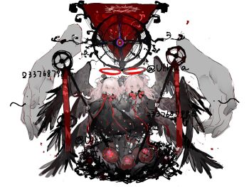 2girls black_bow black_dress black_wings bow chinese_commentary closed_mouth commentary_request dress hair_bow halo highres holding_hands long_hair long_sleeves multiple_girls multiple_wings neck_ribbon original pink_eyes pink_hair red_halo ribbon siblings tombstone twins twintails vihua6 wings