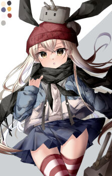 absurdres beanie black_hairband black_scarf blonde_hair blue_jacket blue_skirt color_guide commentary_request cowboy_shot creature_on_head grey_eyes hairband hat highres jacket kantai_collection long_hair looking_at_viewer miniskirt pleated_skirt red_hat red_thighhighs rensouhou-chan scarf shimakaze_(kancolle) skirt striped_clothes striped_thighhighs thighhighs torisu_(highball_kai)