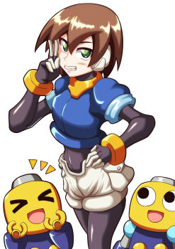 &gt;_&lt; absurdres aile_(mega_man_zx) black_bodysuit blue_jacket blush bodysuit bodysuit_under_clothes brown_hair commentary_request cowboy_shot cropped_jacket green_eyes group_picture highres in-franchise_crossover jacket kotatuman_dash mega_man_(series) mega_man_legends_(series) mega_man_zx parted_lips robot robot_ears servbot_(mega_man) short_hair shorts simple_background smile standing teeth v white_background white_shorts