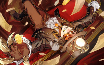 1boy ascot banknote black_boots black_jacket boots brown_pants claws coin couch dollar_bill fake_claws fang frilled_sleeves frills gem golden_tooth grin hat_lantern highres identity_v jacket lapels looking_at_viewer male_focus money norton_campbell norton_campbell_(mr._mole) official_alternate_costume on_couch orange_gemstone pants rakkasei_(enke5758) red_eyes scar scar_across_eye scar_on_face shirt sitting smile steel-toe_boots throwing throwing_money white_ascot white_shirt