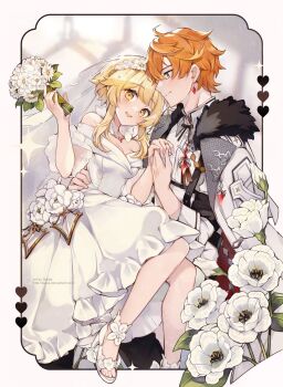 1boy 1girl alternate_costume bare_shoulders blonde_hair blue_eyes blush border bouquet breasts cleavage closed_mouth coat coat_on_shoulders commentary couple detached_collar deviantart_username dress dress_flower earrings english_commentary flower fur-trimmed_coat fur_trim gem genshin_impact hair_between_eyes hair_flower hair_ornament hand_on_another&#039;s_waist hands_up hetero high_heels highres holding holding_bouquet holding_hands husband_and_wife jewelry looking_at_another looking_at_viewer lumine_(genshin_impact) nail_polish off-shoulder_dress off_shoulder open-toe_shoes open_mouth orange_hair outside_border quiss red_gemstone ring shirt shoes short_hair short_hair_with_long_locks short_sleeves sleeves_rolled_up smile sparkle tartaglia_(genshin_impact) teeth toes upper_teeth_only veil wedding_dress wedding_ring white_coat white_dress white_flower white_nails white_shirt white_shoes white_veil yellow_eyes