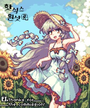 Rule 34 | 1girl, bow, cloud, dress, field, flower, flower field, fujiwara no mokou, greenapple (g apple0511), hair bow, hand on headwear, hat, hat bow, long hair, pixel art, red eyes, skirt hold, solo, straw hat, sundress, sunflower, sunflower field, touhou, white dress, white hair