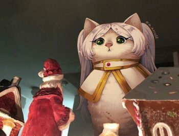 animal animal_ears animalization cat_ears commentary english_commentary frieren gold_trim green_eyes jk_arts no_humans photo_background solo sousou_no_frieren white_hair