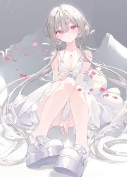 1girl absurdres between_legs bow breasts bridal_gauntlets dress earrings hand_between_legs hand_between_thighs head_tilt highres inubouzaki_(i_nu1515) jewelry long_hair looking_at_viewer necklace on_ground original petals platform_clogs red_eyes ring rose_petals simple_background sitting small_breasts solo thighs very_long_hair white_bow white_dress white_hair