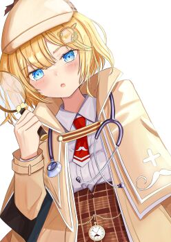 1girl absurdres blonde_hair blue_eyes blush bob_cut hair_ornament hat highres holding hololive hololive_english long_sleeves magnifying_glass necktie open_mouth red_necktie shirt short_hair skirt solo virtual_youtuber watson_amelia watson_amelia_(1st_costume) white_background white_shirt