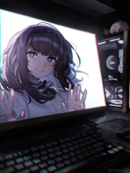 1girl absurdres arknights black_hairband black_ribbon blurry blurry_background brown_hair chromatic_aberration closed_mouth commentary computer computer_keyboard dire_illus dragon_bubble_(arknights) hairband hands_up highres jacket long_hair looking_at_viewer monitor nian_(arknights) open_clothes open_jacket priestess_(arknights) purple_eyes ribbon smile sweater twitter_username upper_body white_jacket white_sweater