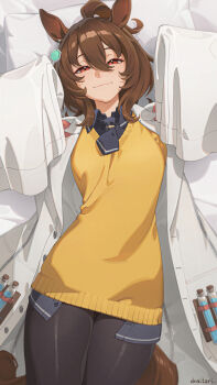 Rule 34 | 1girl, agnes tachyon (umamusume), ahoge, animal ears, black pants, blush, brown hair, closed mouth, dnaitari, earrings, hair between eyes, highres, horse ears, horse girl, horse tail, huge ahoge, jewelry, lab coat, long sleeves, looking at viewer, medium hair, necktie, pants, red eyes, shirt, short necktie, single earring, sleeves past fingers, sleeves past wrists, smile, solo, sweater, tail, umamusume, wolf cut, yellow sweater