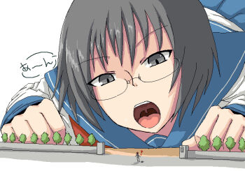 Rule 34 | !, 1girl, black eyes, black hair, female focus, giant, giantess, glasses, oekaki, open mouth, school uniform, serafuku, short hair, simple background, solo, terada ochiko, tree, uvula, vore, white background, you gonna get raped