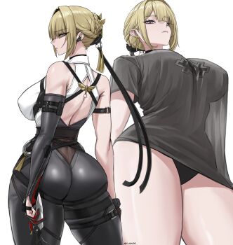 1girl absurdres arm_strap ass bare_shoulders black_gloves black_panties black_pants blonde_hair breasts chest_harness closed_mouth cluhob commentary earpiece earrings elbow_gloves english_commentary evelyn_chevalier gloves grey_shirt hair_intakes half-closed_eyes half_gloves harness high-waist_pants highres holding holding_knife jewelry knife large_breasts latex_pants long_ribbon looking_at_viewer multiple_views panties pants purple_eyes ring_hair_ornament shirt sideways_glance simple_background single_elbow_glove single_half_glove sleeveless sleeveless_shirt t-shirt tight_clothes tight_pants twitter_username underwear white_background white_shirt zenless_zone_zero