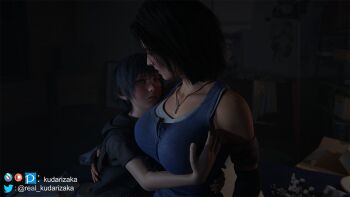 1boy 1girl 3d age_difference black_hair blender_(medium) breast_press breasts brown_hair capcom crossover final_fantasy final_fantasy_xv grabbing_another's_breast groping height_difference hetero hug jewelry jill_valentine kudarizaka large_breasts medium_hair necklace noctis_lucis_caelum resident_evil resident_evil_2 resident_evil_2_(remake) scared shota size_difference square_enix tank_top