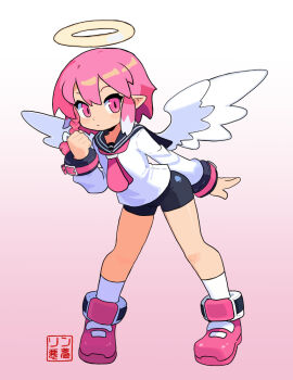 angel angel_boy angel_halo angel_wings crossdressing japanese_clothes kuu pink_eyes pink_hair pointy_ears rin_nightmare sailor_fuku school_uniform shorts trap wings