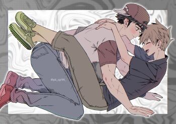 2boys arms_around_neck backwards_hat baseball_cap ben-day_dots black_shirt blue_oak blue_pants blush brown_eyes brown_hair closed_eyes closed_mouth collared_shirt commentary_request denim from_side full_body grey_pants hat highres jeans kneeling leg_lock legs_up looking_at_another male_focus medium_sideburns multiple_boys nintendo open_mouth pants parted_bangs pk_rgr96 pokemon pokemon_sm red_(pokemon) red_hat red_shoes screentones shirt shoes short_sleeves sideburns smile spiked_hair t-shirt yaoi