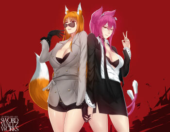 Rule 34 | 2girls, animal ear fluff, animal ears, belt, belt buckle, black gloves, black jacket, black necktie, black skirt, blazblue, bra, breasts, brown hair, buckle, cat ears, cat tail, character request, cleavage, cleavage cutout, clothing cutout, collarbone, collared shirt, commission, cosplay, cowboy shot, double v, glasses, gloves, highres, holding hands, holo, jacket, kokonoe (blazblue), large breasts, light smile, lips, lipstick, long hair, makeup, multiple girls, multiple tails, necktie, no more heroes, open clothes, open jacket, orange eyes, parted lips, pink hair, red background, red eyes, shirt, short shorts, shorts, skin tight, skirt, spice and wolf, sunglasses, swordwaltz, tail, teeth, thighs, unbuttoned, unbuttoned shirt, underwear, v, white shirt, wolf ears, wolf girl, wolf tail