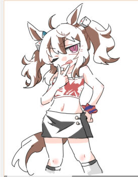 1girl animal_ears bare_arms bare_shoulders beer_hsk black_skirt brown_hair closed_mouth cropped_legs dice_hair_ornament hair_between_eyes hair_ornament hand_on_own_hip hand_up horse_ears horse_girl horse_tail long_hair nakayama_festa_(umamusume) navel one_eye_closed purple_eyes skirt socks solo standing tail tongue tongue_out twintails umamusume v v_over_mouth white_background white_socks