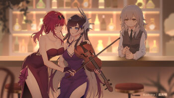 3girls alternate_costume artist_name bar_(place) bar_stool bare_shoulders bead_necklace beads black_gloves black_hair black_necktie blue_eyes blurry blurry_background bow_(music) breasts cleavage closed_mouth collared_shirt colored_inner_hair commentary dress earclip evening_gown eye_contact eyewear_on_head glasses gloves gradient_hair grey_hair grey_vest hair_ornament halter_dress halterneck hand_on_another's_hand hashtag-only_commentary highres holding holding_bow_(music) holding_instrument holding_violin honkai:_star_rail honkai_(series) hysilens_(honkai:_star_rail) indoors instrument jewelry kafka_(honkai:_star_rail) large_breasts long_hair long_sleeves looking_at_another multicolored_hair multiple_girls nail_polish necklace necktie paid_reward_available parted_lips pince-nez ponytail purple_dress purple_eyes purple_hair purple_nails round_eyewear scales shirt side_slit smile stelle_(honkai:_star_rail) stool strapless strapless_dress sunglasses thigh_strap trailblazer_(honkai:_star_rail) very_long_hair vest violin white_shirt x_hair_ornament yellow_eyes yunkaiming yuri