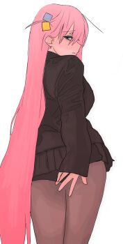 Rule 34 | 1girl, black pantyhose, black skirt, black sweater, bocchi the rock!, commentary request, covering ass, covering privates, cube hair ornament, from behind, gotoh hitori, hair ornament, hair over one eye, highres, long hair, looking at viewer, looking back, mentos pepsi, miniskirt, pantyhose, pink hair, simple background, skirt, solo, sweater, very long hair, white background