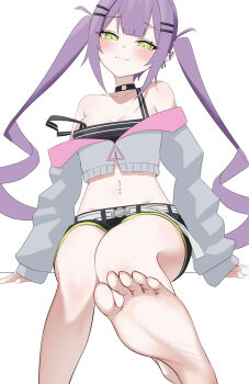 1girl absurdres barefoot belt black_choker black_shirt black_shorts blush choker closed_mouth cropped_jacket ear_piercing fang green_eyes hair_ornament hairpin highres hololive jacket long_hair looking_at_viewer navel_piercing o-ring o-ring_choker piercing pointy_ears purple_hair shirt shorts smile solo tokoyami_towa tokoyami_towa_(1st_costume) twintails uw_chanmaru very_long_hair virtual_youtuber white_belt white_jacket