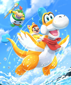 2boys :d animal_costume animal_ears animal_hood bandana blue_eyes blue_sky bowser_jr. bracelet brown_hair cat_costume cat_ears cat_hood cat_mario claws cloud dated day facial_hair highres holding holding_paintbrush hood hood_up jewelry jumping junior_clown_car looking_ahead male_focus mario mario_(series) multiple_boys mustache nintendo open_mouth outdoors paintbrush plessie shell short_hair sitting sky smile sparkle spiked_shell spikes splashing super_mario_3d_world super_mario_3d_world_+_bowser&#039;s_fury teeth turtle_shell upper_teeth_only v-shaped_eyebrows water water_drop white_bandana yamari_(ya_mari_6363)