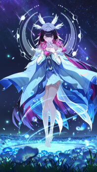 1girl absurdres bare_shoulders barefoot blue_flow closed_eyes columbina_(genshin_impact) commentary dress eye_mask feet full_body genshin_impact hair_ornament hands_up highres leg_wrap mask mihan_(mihan_art) open_mouth solo toes white_dress wing_hair_ornament