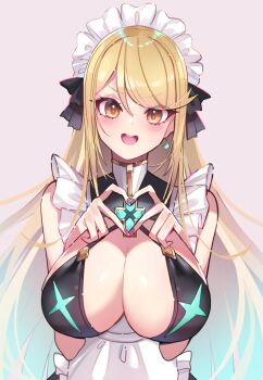 1girl absurdres alternate_costume bikini black_bikini blonde_hair blush breasts cawang cleavage earrings enmaided fingernails heart heart_hands highres jewelry large_breasts long_hair looking_at_viewer maid maid_bikini maid_headdress mythra_(xenoblade) nail_polish open_mouth pink_background pink_nails simple_background solo swept_bangs swimsuit unconventional_maid xenoblade_chronicles_(series) xenoblade_chronicles_2 yellow_eyes