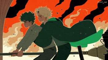 2boys artist_name black_hair black_pants blonde_hair blue_eyes broom broom_riding clenched_teeth cloak closed_mouth collared_shirt cowboy_shot dirty dirty_face draco_malfoy fiery_background fire furrowed_brow glasses green_cloak green_eyes grey_jacket grey_pants harry_potter harry_potter_(series) helen_jee highres hug hug_from_behind jacket male_focus multiple_boys pants parted_bangs round_eyewear shirt teeth white_shirt wizarding_world yaoi