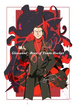 1boy absurdres border cccacademia character_name gen_1_pokemon giovanni_(pokemon) grin hand_in_pocket highres jacket kangaskhan legendary_pokemon logo long_sleeves looking_at_viewer male_focus mega_mewtwo_x mega_mewtwo_y mega_pokemon mewtwo mixed-language_commentary nidoking nidoqueen nintendo pants persian_(pokemon) pokemon pokemon_(creature) pokemon_lgpe red_background red_shirt shirt short_hair signature smile team_rocket teeth white_border