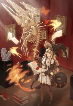 1girl absurdres animal_skeleton arknights black_hat black_horns black_jacket black_necktie black_ribbon black_shoes black_tail blonde_hair book book_stack braid brown_pantyhose collared_shirt diagonal-striped_clothes diagonal-striped_necktie film_grain fire flame-tipped_tail fossil full_body green_eyes hair_ribbon hat high-waist_skirt highres horns indoors jacket light_particles long_hair long_sleeves looking_up magic museum necktie nyo_(fy_1) off_shoulder open_book painting_(object) pantyhose paper parted_lips picture_frame pleated_skirt reed_(arknights) reed_the_flame_shadow_(arknights) reed_the_flame_shadow_(curator)_(arknights) ribbon shirt shoes sidelocks skirt solo standing striped_clothes sweatdrop tail white_shirt white_skirt witch_hat