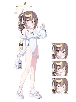 1girl absurdres bag black_bow blonde_hair blue_archive bow breasts brown_hair closed_mouth commentary covered_navel detached_sleeves dong_ji frilled_one-piece_swimsuit frills full_body hair_ribbon halo highres holding holding_bag looking_at_viewer multicolored_hair multiple_expressions one-piece_swimsuit open_mouth ponytail purple_eyes rena_(blue_archive) ribbon sandals simple_background small_breasts solo swimsuit thighs two-tone_hair white_background white_bag white_one-piece_swimsuit white_ribbon white_sandals white_sleeves yellow_bow yellow_halo