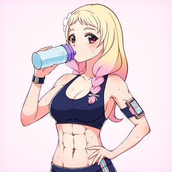 1girl abs alternate_muscle_size bare_shoulders black_pants black_tank_top blonde_hair blush braid breasts cleavage collarbone crop_top drink drinking flower gradient_hair hair_flower hair_ornament hand_on_own_hip hand_up highres holding holding_drink key_maxwell long_hair looking_at_viewer looking_to_the_side love_live! love_live!_superstar!! medium_breasts midriff multicolored_hair muscular muscular_female navel onitsuka_natsumi pants pink_background pink_eyes pink_hair ribbon short_bangs simple_background solo stomach sweat tank_top twin_braids upper_body watch white_flower wristwatch