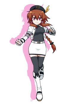 Rule 34 | 1girl, beret, black hat, black shirt, black thighhighs, boots, braid, breasts, brown hair, character request, clenched hands, closed mouth, commentary request, commission, cropped jacket, drop shadow, elbow gloves, fingerless gloves, fold-over boots, full body, gloves, hair between eyes, hat, highres, jacket, long hair, looking at viewer, medium breasts, muu (mumumer), open clothes, open jacket, original, purple eyes, shirt, simple background, single braid, skeb commission, skirt, smile, solo, standing, standing on one leg, thighhighs, thighhighs under boots, very long hair, white background, white boots, white gloves, white jacket, white skirt