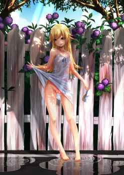 1girl :d against_fence bai_linqin bakemonogatari bandaid bandaid_on_pussy bare_arms bare_legs bare_shoulders barefoot black_ribbon blonde_hair blue_sky blush breasts bush censored clothes_lift day dress dress_lift female_focus fence flat_chest flower groin highres holding holding_shoes holding_unworn_clothes hydrangea kodansha light light_rays loli long_hair md5_mismatch monogatari_(series) no_panties open_mouth oshino_shinobu outdoors plant pointy_ears pussy ribbon see-through_clothes shade shoes sky sleeveless sleeveless_dress small_breasts smile solo spaghetti_strap standing standing_on_liquid strap_slip sundress sunlight tree uncensored unworn_shoes vampire water water_drop wet wet_clothes wet_dress white_dress white_shoes