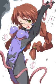 ! 1girl ;o arms_up black_bodysuit blush bodysuit bound bound_arms braid breasts brown_hair covered_erect_nipples covered_navel cowboy_shot fortified_suit glasses grabbing_another&#039;s_breast green_eyes groping highres imminent_rape impossible_bodysuit impossible_clothes large_breasts long_hair looking_down mecha_pilot_suit medium_breasts moaning muv-luv_girls_garden one_eye_closed open_mouth parted_bangs purple_bodysuit pussy_juice rape red_hair restrained rimless_eyewear round_eyewear sakaki_chizuru saliva shiny_clothes simple_background skin_tight solo speech_bubble spoken_exclamation_mark sweat sweatdrop tentacle_sex tentacles tentacles_under_clothes through_clothes torn_bodysuit torn_clothes twin_braids twintails umanosuke white_background wince yellow_eyes