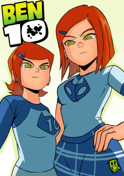 absurdres alternate_universe ben_10 ben_10:_omniverse cartoon_network commentary darkfang100 dc_comics earrings english_commentary freckles green_eyes gwen_tennyson hair_ornament highres jewelry long_sleeves looking_at_viewer non-web_source official_art official_wallpaper red_hair skirt