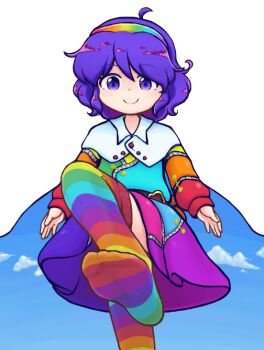 1girl ahoge belt brown_belt closed_mouth cloud_print commentary dress english_commentary feet foot_focus hair_between_eyes hairband keb00b light_blush long_sleeves looking_at_viewer multicolored_dress multicolored_hairband no_shoes patchwork_clothes print_cloak purple_eyes purple_hair rainbow_gradient rainbow_hairband rainbow_thighhighs short_hair simple_background sky_print smile socks soles solo standing standing_on_one_leg tenkyuu_chimata thighhighs touhou transparent_background