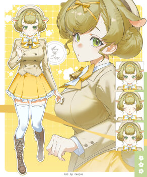 1girl absurdres animal_ears artist_name bell beret blonde_hair boots braid breasts character_name double_bun full_body green_eyes hair_bun hair_ribbon hat highres knee_boots large_breasts multiple_expressions multiple_views neck_bell original parted_lips ribbon school_uniform sheep_ears sheep_girl short_hair tanjwi thighhighs white_thighhighs zettai_ryouiki