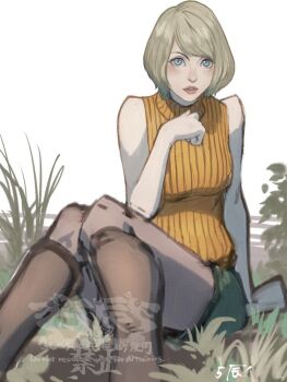1girl 5tatsu artist_name ashley_graham bare_shoulders blonde_hair blue_eyes boots breasts brown_boots feet_out_of_frame grass green_skirt hand_on_own_chest looking_at_viewer medium_breasts orange_shirt parted_lips resident_evil resident_evil_4 resident_evil_4_(remake) shirt short_hair sitting sketch skirt sleeveless sleeveless_turtleneck solo swept_bangs turtleneck white_background