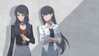 Rule 34 | 2girls, bang dream!, bang dream! it's mygo!!!!!, belt, belt buckle, black belt, black choker, black hair, black jacket, black shirt, blue eyes, blue skirt, breasts, brown belt, buckle, chain, chain necklace, chinese commentary, choker, cleavage, closed mouth, collarbone, commentary request, commission, cowboy shot, crossed arms, drink carton, earrings, grey skirt, highres, holding, holding drink carton, jacket, jewelry, long hair, medium hair, mole, mole under eye, multiple girls, necklace, o-ring, o-ring choker, open clothes, open jacket, purple eyes, red shirt, ringo orihara, second-party source, shadow, shiina taki, shirt, skirt, white jacket, yahata umiri, zipper